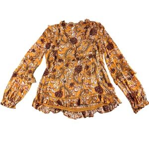SPELL & THE GYPSY Collective‎ Mustard Yellow Paisley Ruffle Blouse Top Boho S